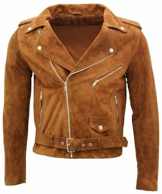 Herren hellbraun Wildleder Leder Retro Brando Smart lässig Biker Jacke Gürtel...