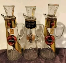 3 VTG 50s/60s Wolfschmidt Vodka 12" Glass Decanters w/ lids• 2 Red 1 Blue *rare*