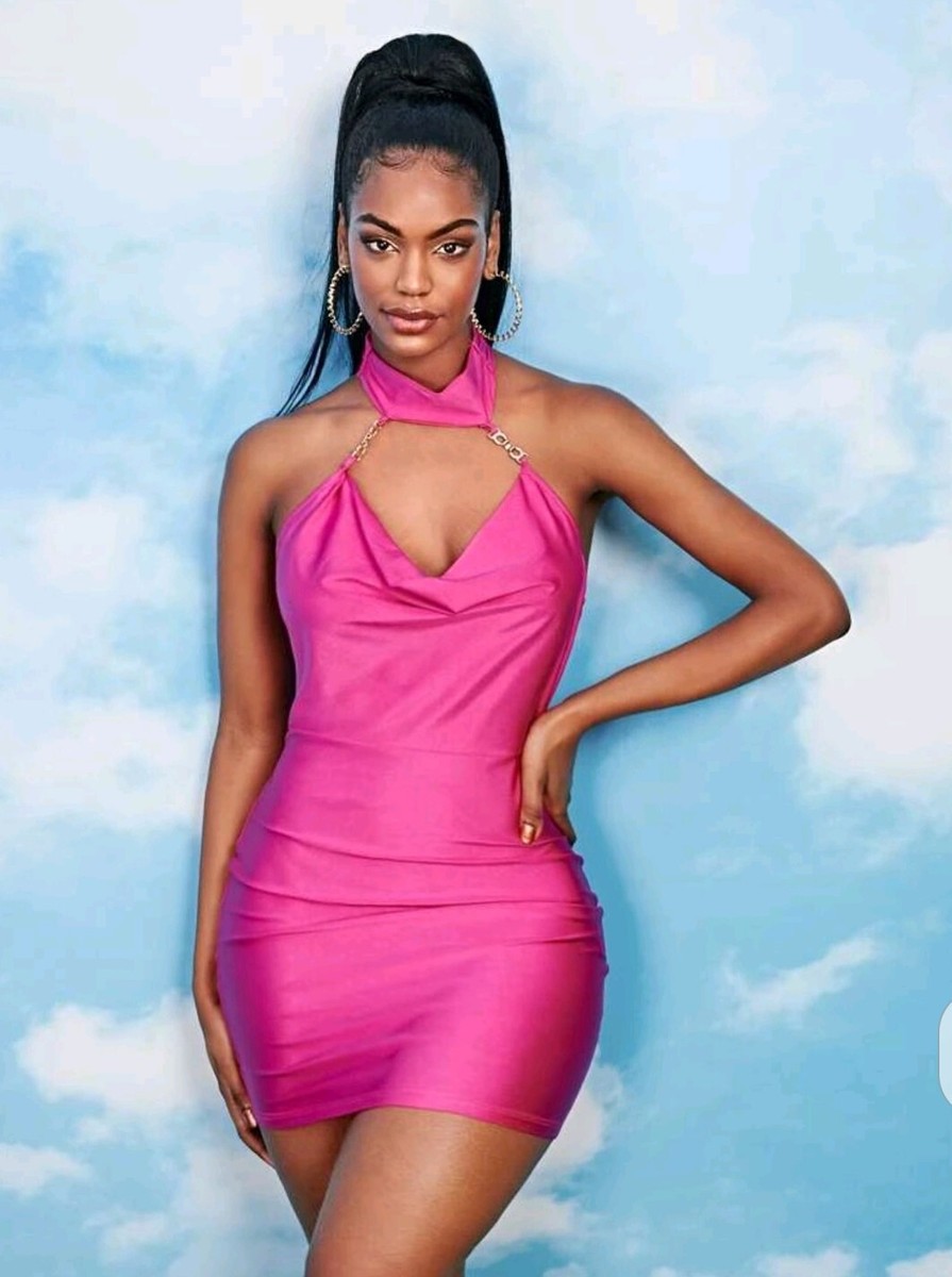 sachin and babi light blue dress Backless Chain Detail Cut Out Draped Halter Bodycon Dress Without  Belt.(Size S)