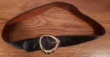 Ladies Black leather with gold buckle 38" Long Vintage belt