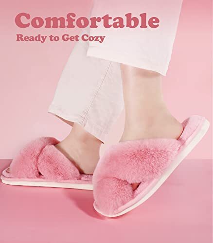 Womens Fuzzy Memory Foam Slippers Cross Band Cozy Plush Home Slippers 7-8 Pink - Picture 3 of 7