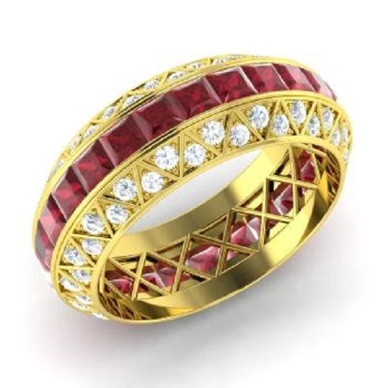 Banda de eternidad de diamantes y rubí natural princesa de 3,70 quilates de oro amarillo de 14 k talla 7 Foto 2 de 4