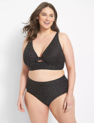 230216 LANE BRYANT SWIM BLACK TEXTURED DOT PLUNGE UNDERWIRE BIKINI