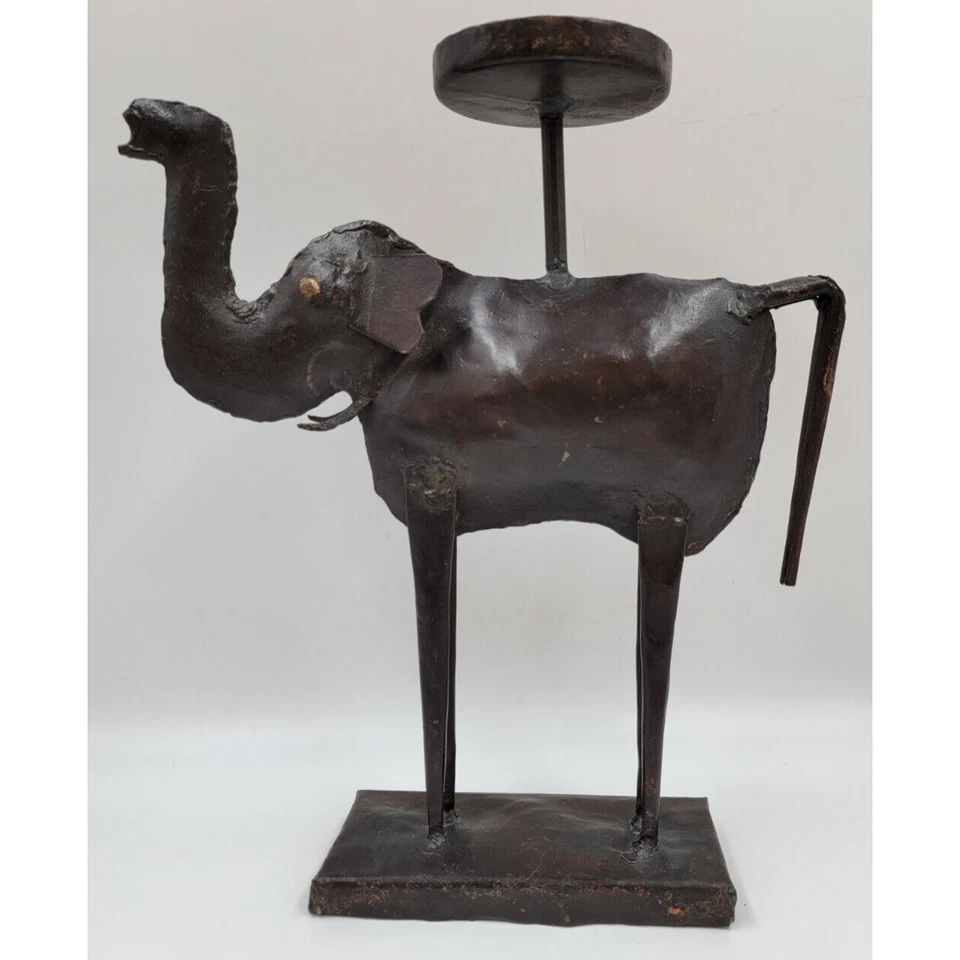 Pier 1 Metal Elephant Candle Holder Primitive Pillar Rustic Hand Made 12" Tall - Image 2 of 4