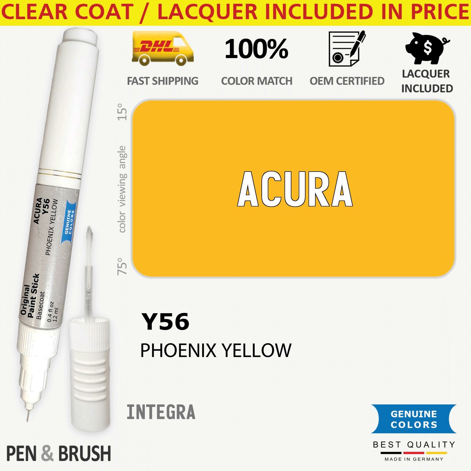 Y56 Touch Up Paint for Acura Yellow INTEGRA PHOENIX YELLOW Pen Stick Scratch Chi