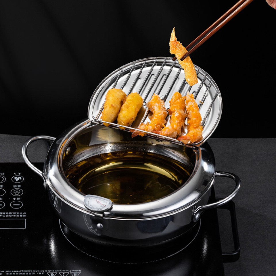 Japanese Style Deep Frying Pot with Thermometer 304 Stainless Steel