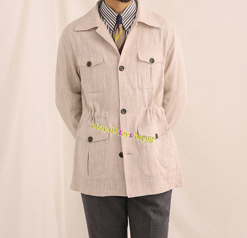 Men's Safari Jacket Linen 45% Cotton Vintage Business Casual Hunting Coats