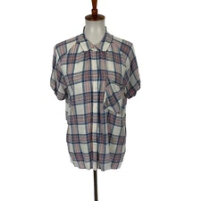 Rails Plaid Button Down Shirt Large Blue Cotton Soft Short Sleeve Top