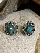 26. Vintage Gold gilt Eilat Stone Turquoise Filigree Earrings 1", 8.7g. Israel