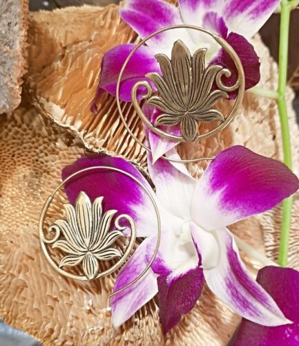 Orecchini Loto Fiore Tribale Oro/Argento Esotico Unico Bohemien Moda Ornamento - Foto 3 di 7