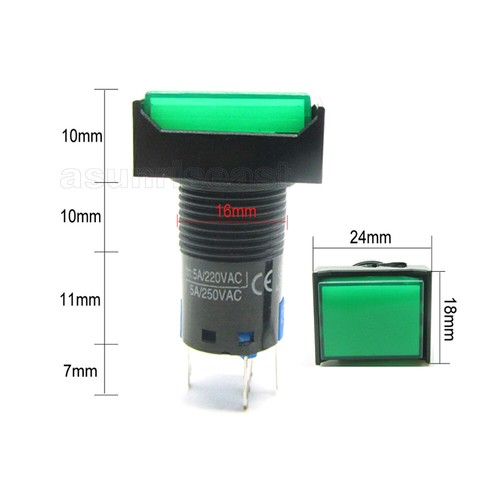 5 × Green 16mm Push Button Switch Momentary Rectangle With DC12V LED Light NO NC - Picture 7 of 9
