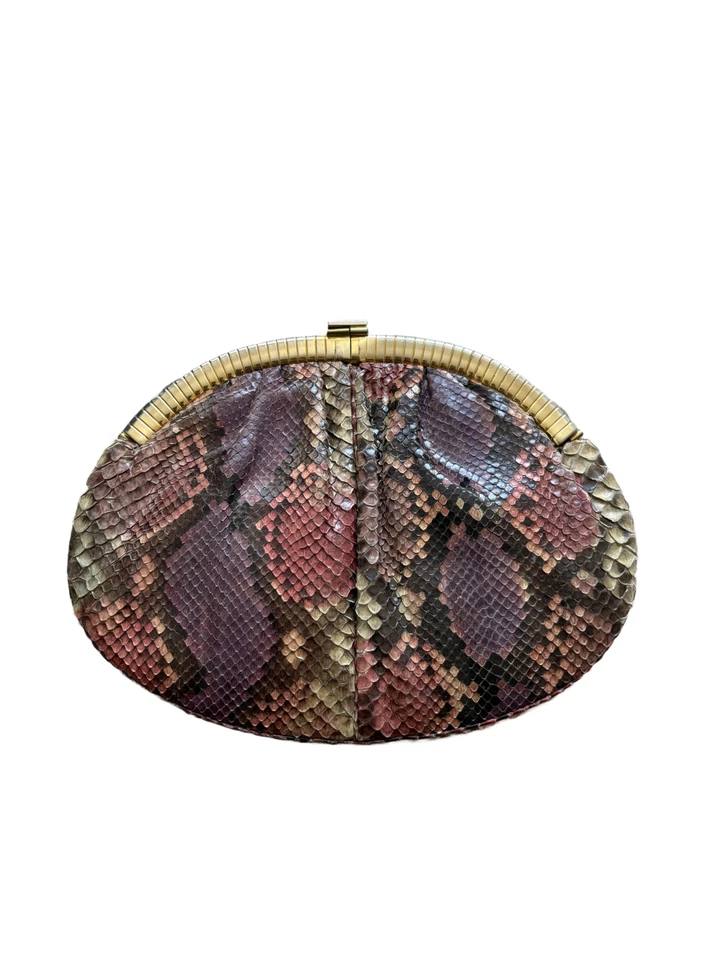 RARO Bolso clutch Judith Lieber burdeos y marrón piel de serpiente con herrajes dorados Foto 2 de 4