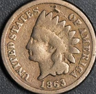 1863 1C INDIAN HEAD COPPER CENT KM# 90 Grade:  VG A6956