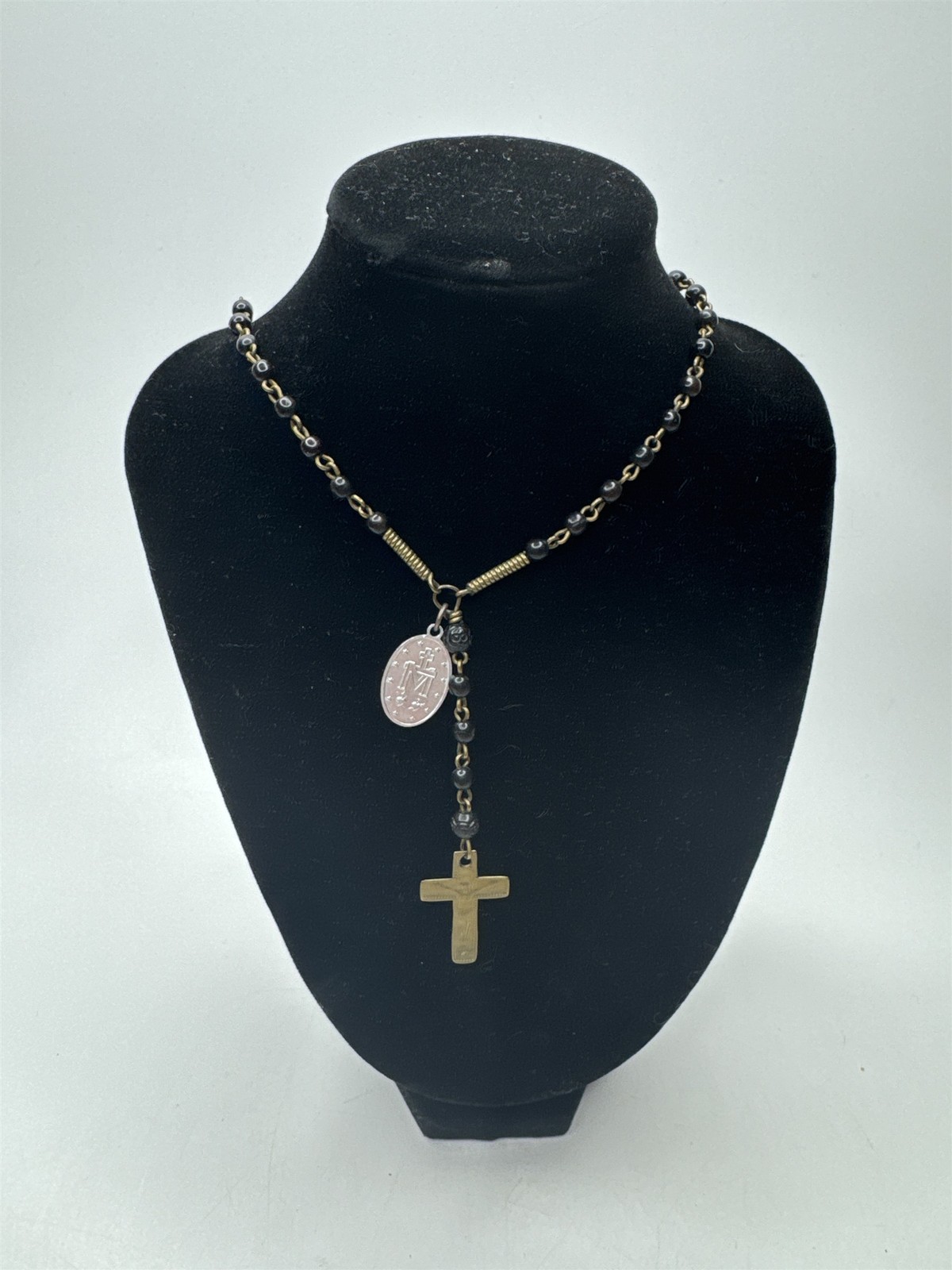 Vintage INRI Black Beaded Rosary and Cross Miraculous Pendant Catholic Rosary