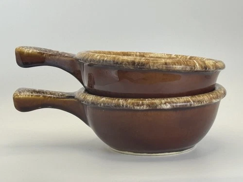 2 Hull Oven Proof USA Pottery Brown Drip Glazed Chili/Soup Bowls with Handles