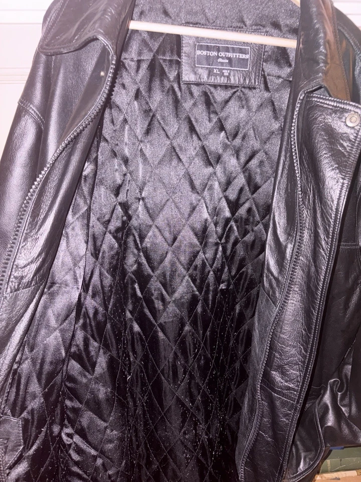 Boston Outfitters Chaqueta Para Hombre XL Negro Cuero Genuino Largo Coche Abrigo Acolchado Foto 4 de 4
