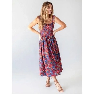 Natural Life Megan Smocked Floral Midi Dress Red Blue Boho Size Small | eBay