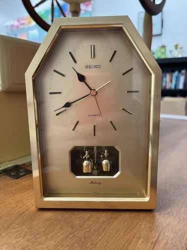 Vintage Seiko Melody Quartz Alarm Mantle Clock Gold Rotating Pendulum!