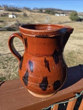 Rare Antique Primitive Redware Pitcher - Glazed Manganese Splotch -Pennsylvania 