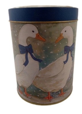 Vintage Emson Winter Geese Blue Bowed Ducks Storage Tin Traditional Decor