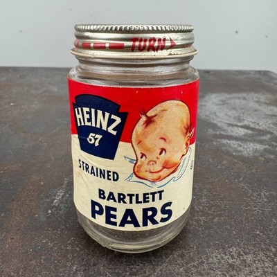 Vtg c.1950s HEINZ 57 Strained Bartlett Pears BABY FOOD JAR w/ Paper Label