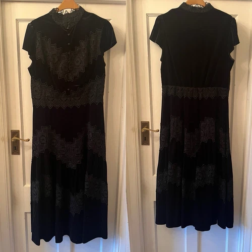 VALENTINO Abito midi Monsoon Valentina nero in pizzo e velluto stile vittoriana nuovo UK 14