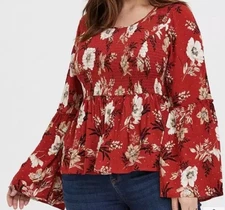 Torrid Women's Floral Print Smocked Peplum Top Size 2X Bell Sleeves Date Night
