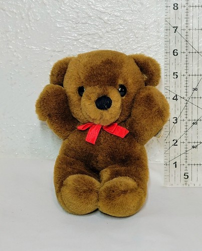 Vintage Dakin Teddy Bear Plush 1985 Brown Red Bow Small Stuffed Animal Toy - Picture 3 of 8