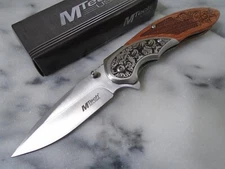 Mtech Unwavered Assisted Open Pocket Knife Fancy Folder Etched Wood MT-A2006SB