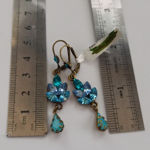Michal Negrin Earrings Blue Shades Leaves Cluster Royal Sparkly Crystals Long - Picture 13 of 15