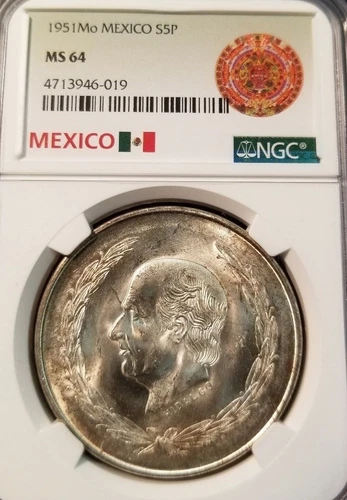 1951 MEXICO SILVER 5 PESOS HIDALGO NGC MS 64 HIGH GRADE LOW MINTAGE YEAR !!!