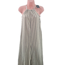New Look Jersey Wide Leg Jumpsuit, Tie Neck, Size UK 6, Striped Off-White