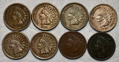 8x VF-XF Indian Head Cents, 1859, 1860, 2x 1862, 2x 1863, 1867, and 1873