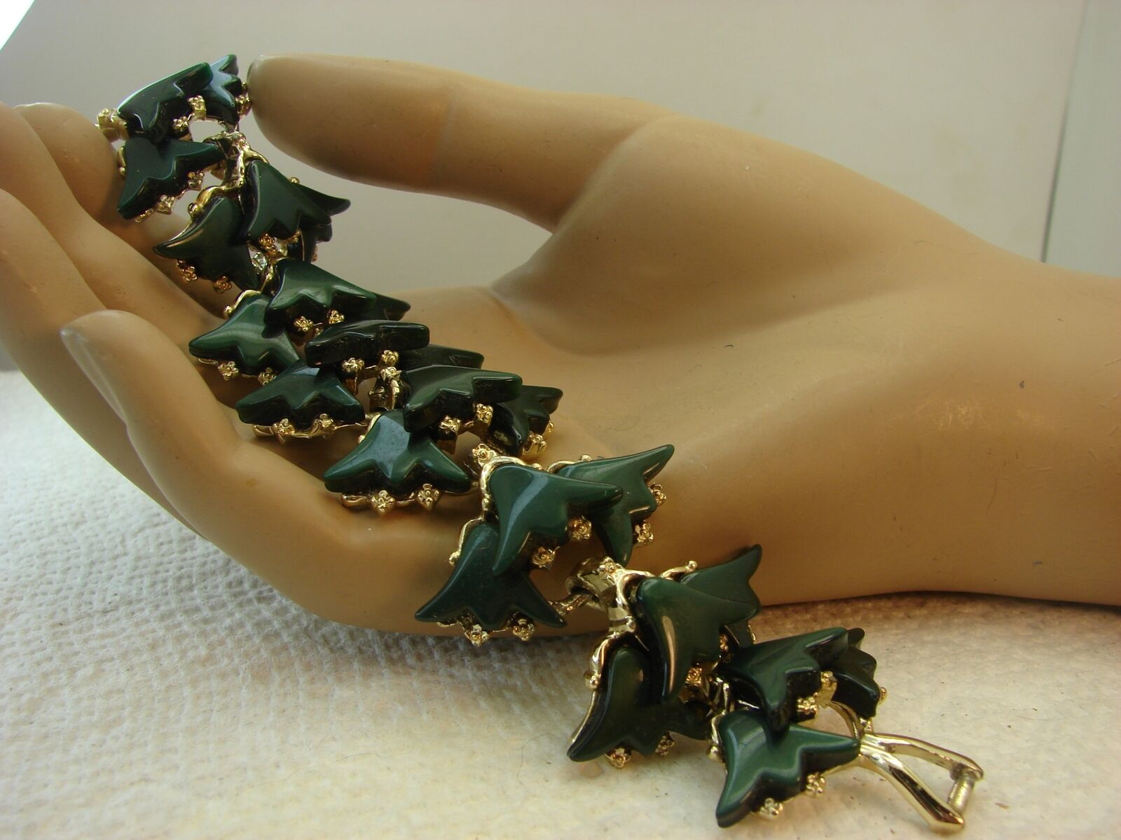 Vintage Green Leaf Thermoset Moon Glow Gold Tone … - image 1