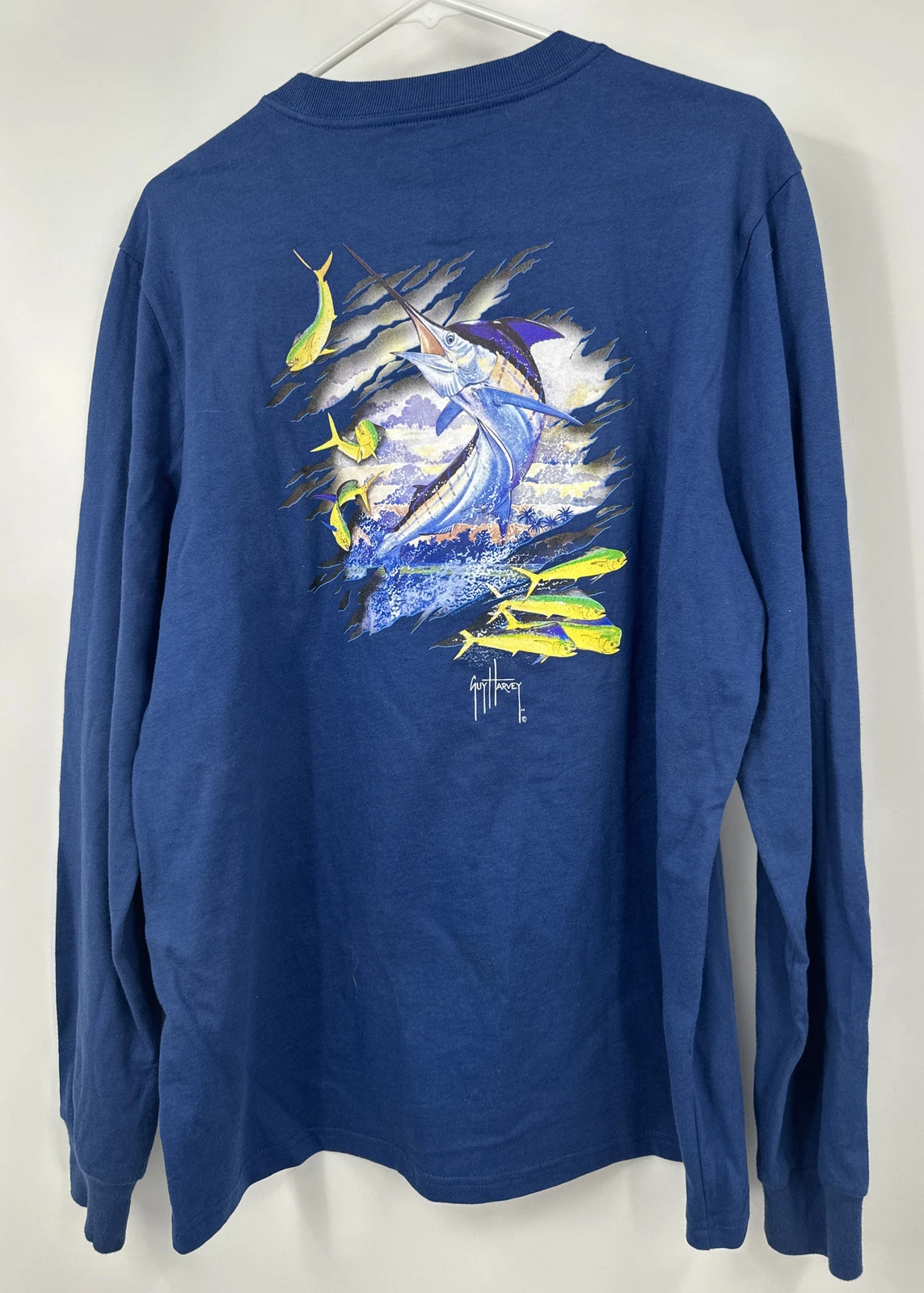 Guy Harvey Men’s Long Sleeve Crew Neck Fish Shirt Blue Sz M