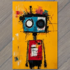 Art Print Urban Robot Yellow Wall Blue Face Paint Drip Splatter Look Eyes