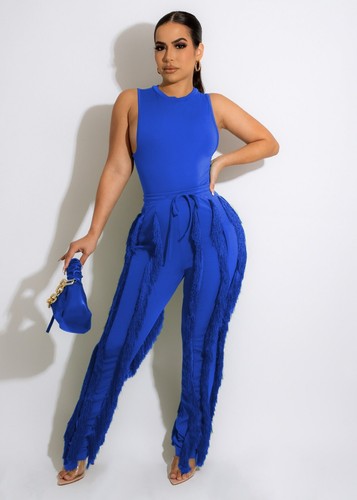 Womens Fashion Sleeveless Fringes Detailed Tank Top and High-Waisted Pants Set - Picture 5 of 32