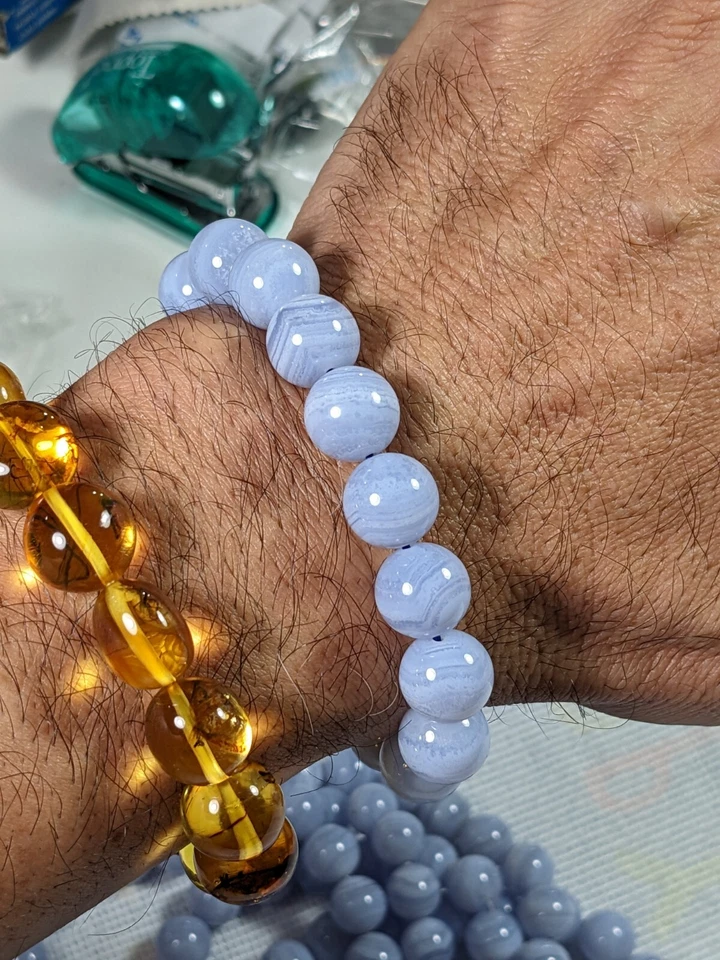 Pulsera de cuentas de calcedonia de encaje azul para HOMBRE 12mm 7, 7.5, 8 u 8.5" pulgadas Foto 4 de 4