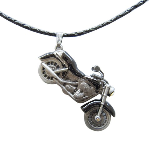 Vintage Black Enamel Motorcycle Rhinestone Spinner Pendant Leather Necklace - Picture 3 of 4