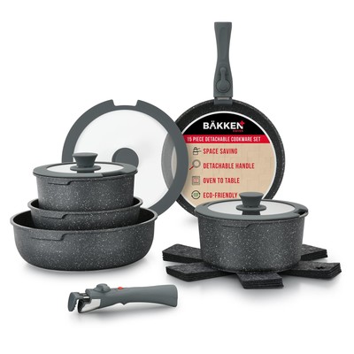 Bakken 15-Piece Non-Stick Cookware Set with Detachable Handles   Granite Stac...