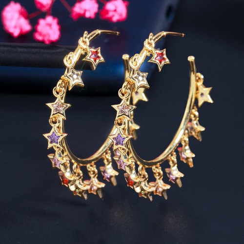 Pendientes de aro redondos grandes colgantes de borla con estrella cz para mujer moda oro 18k joyería - Imagen 6 de 8