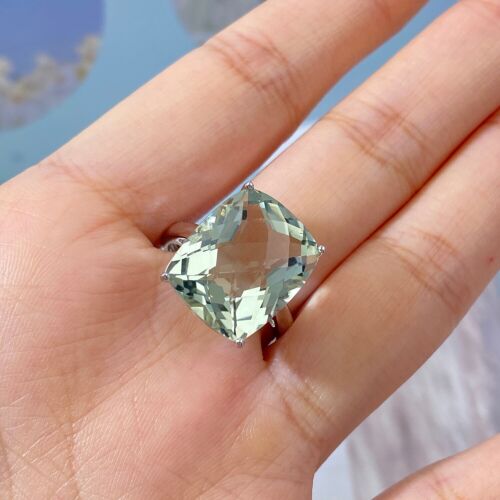 Green Amethyst / Prasiolite Gemstone 15 Carat Cushion Cut Ring, Green Amethyst - Picture 1 of 7