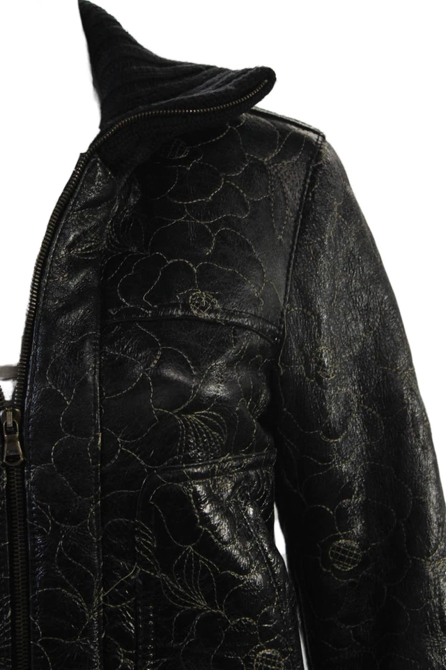 Chaqueta Bomber Carla Falleri Mujer Cuero Floral Bordada Negra Talla Pequeña Foto 2 de 4