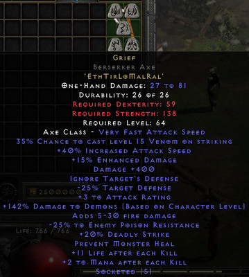 Grief Berserk Axe 15/3 40ias-400dmg-25pres Diablo 2 Resurrected (D2R)