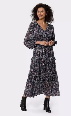 HEINE Floral Print Tiered Dress in Navy Blue UK 20 Plus (fm246-11)