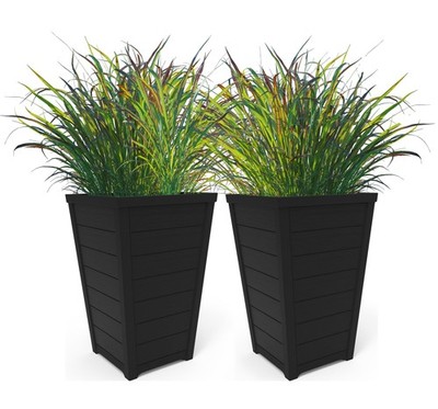 Set of 2 Resin Modern Outdoor 22 Inch Tall Large Flower Pots, Tapered Wood Lo...