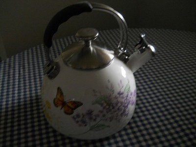 Lenox Butterfly Meadow Tea Kettle Enamel Steel Floral Whistling Teapot New