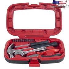 15PC Tool Set W/ Hammer Multi-Bit Screwdriver Pliers Wrench Compact Carry Case