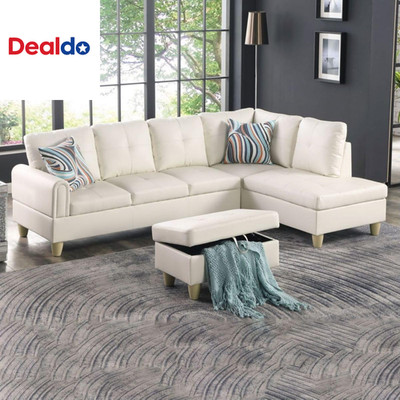 Pearl White L-Shaped 3-Piece Faux Leather Sofa with Storage Ottoman Set, Section