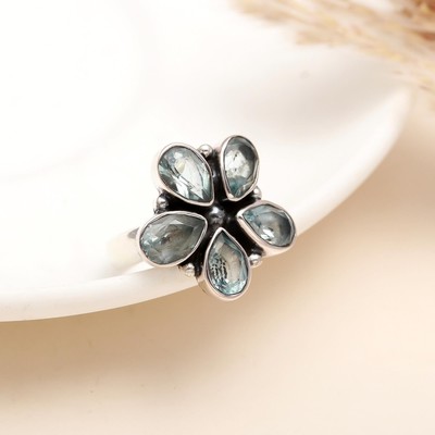 925 Sterling Silver Pear Aquamarine Flower Cocktail Women Ring Gift